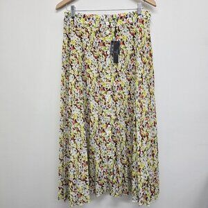 NWT Tahari Long Pleated Maxi Skirt Size 12 Citron Floral Buttons Lined Pleated